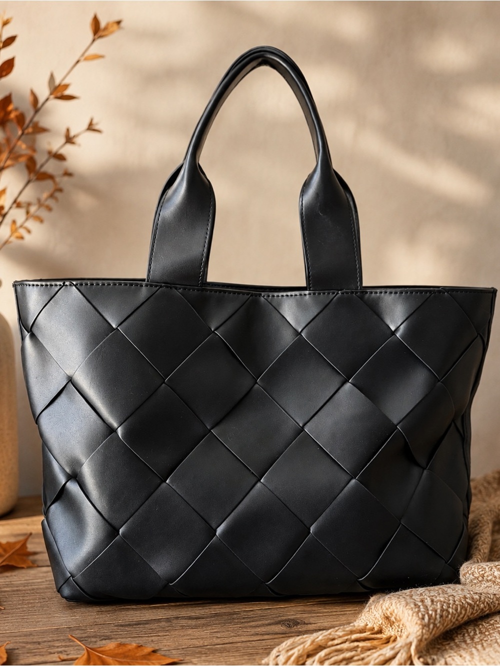 Bostanten Purse: Woven Black Tote with Double Handles